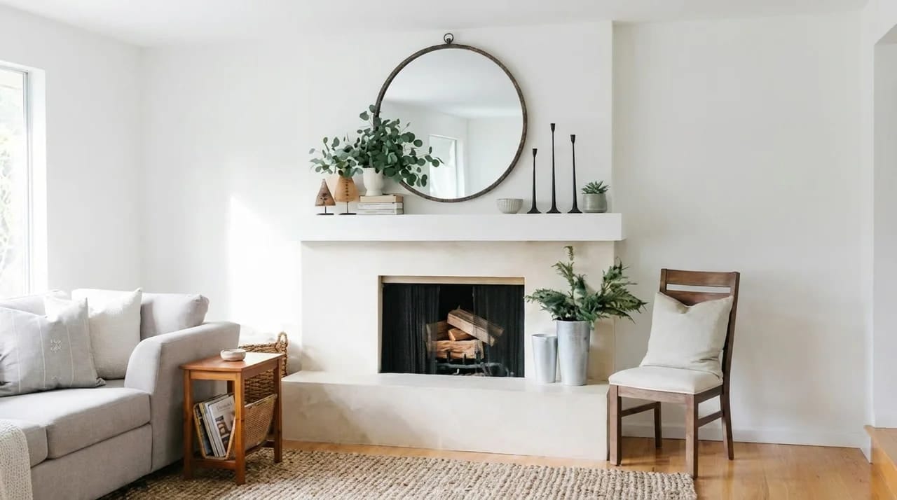 Fireplace mantel decorated with a large round mirror.