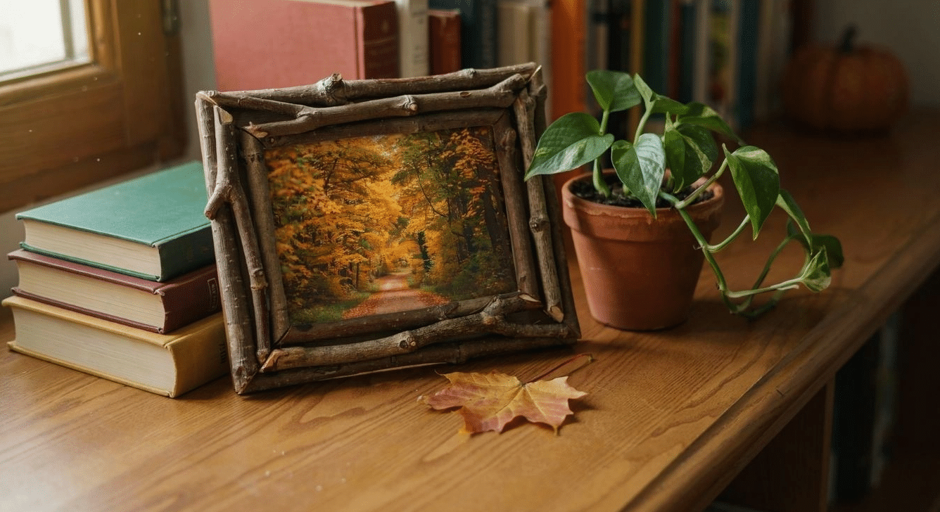 Rustic twig picture frame with a fall photo on a bookshelf