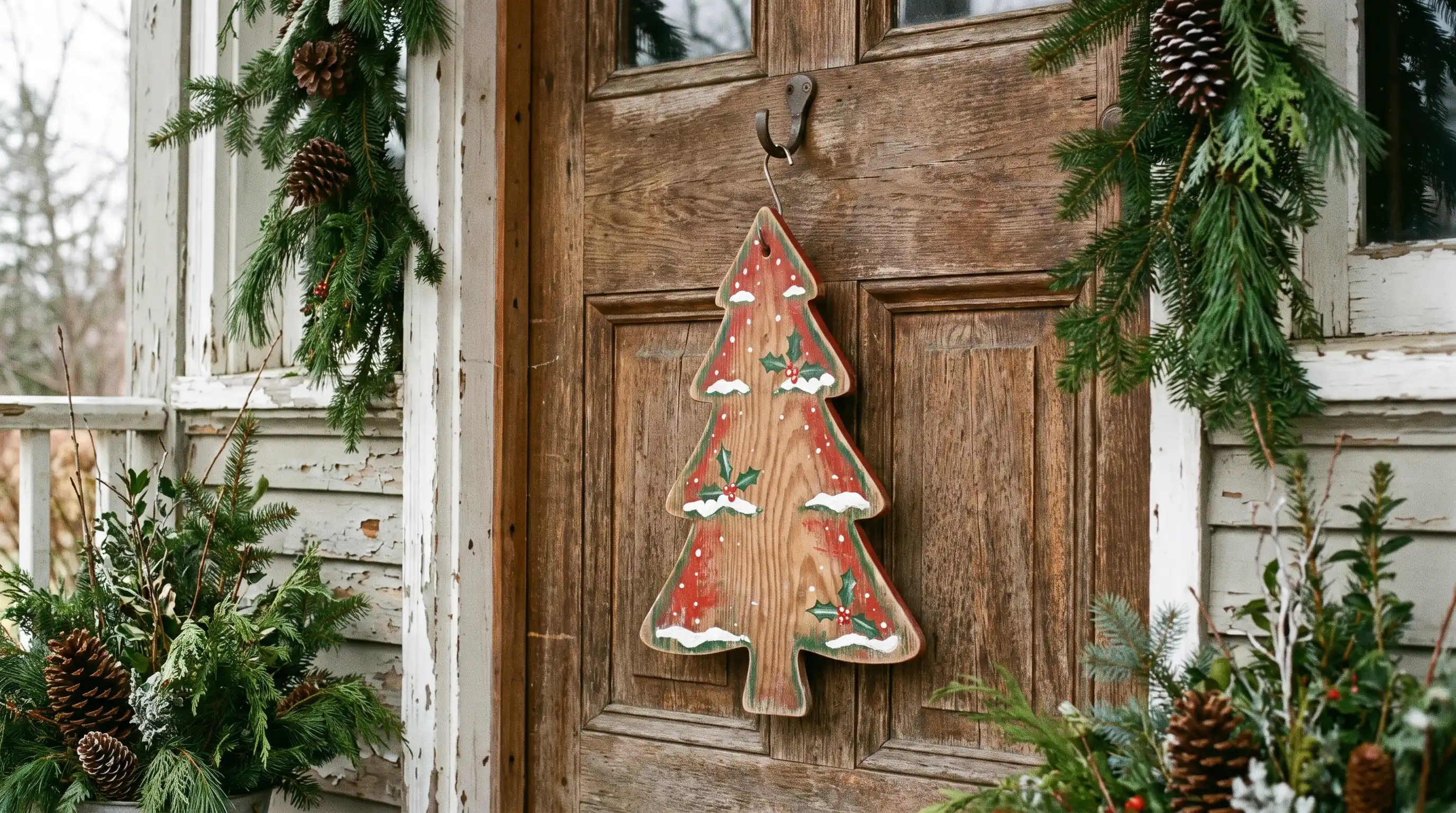 Rustic wooden Christmas door hanger on front entrance