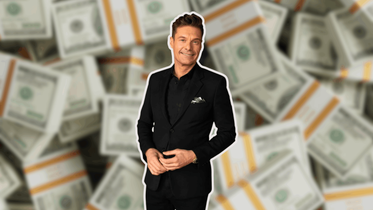 Ryan Seacrest standing in a black suit with blurred dollar bills in the background representing his net worth and earnings.