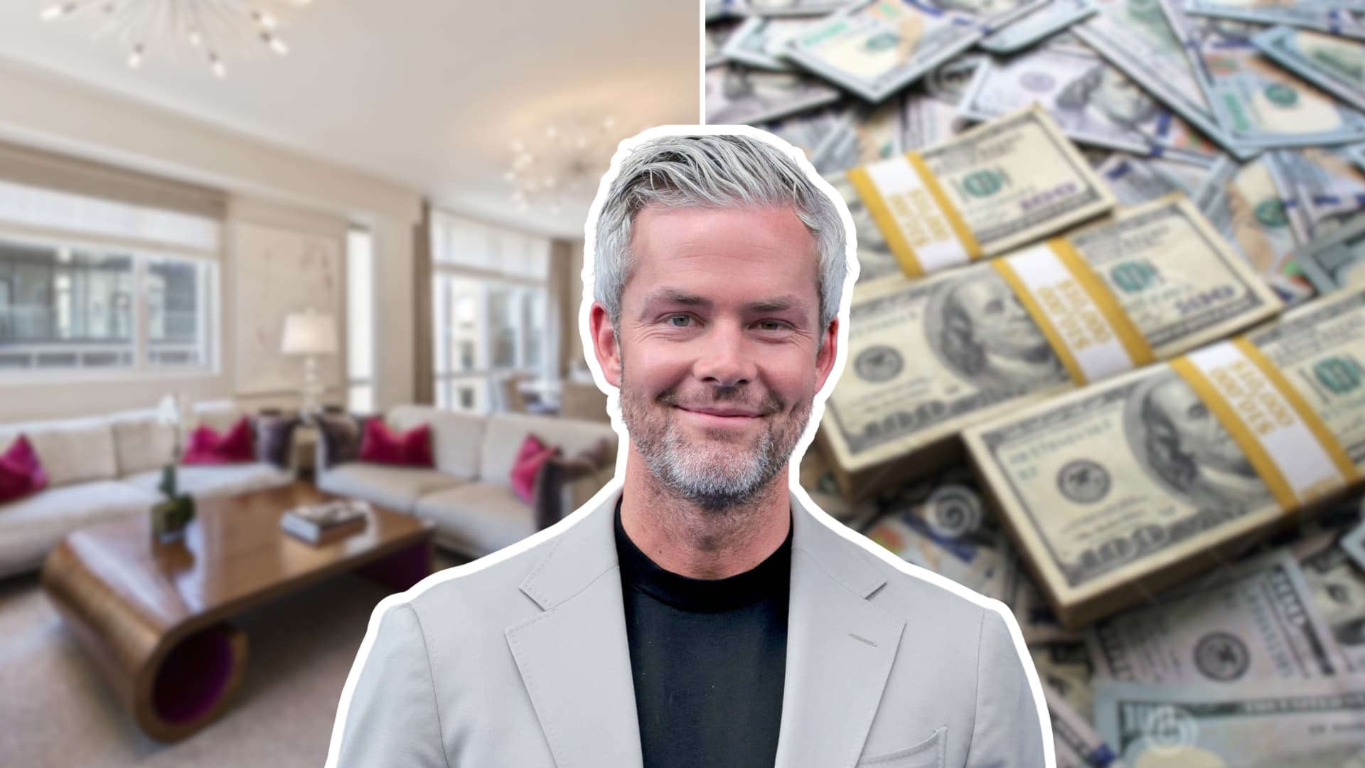 Ryan Serhant headshot in a light grey jacket with cash and luxury interior in the background