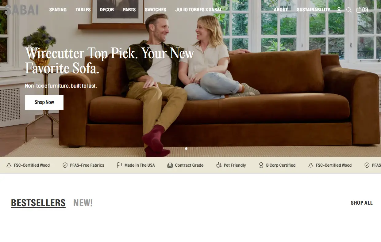 Couple sitting on a brown sofa in a bright living room with large windows