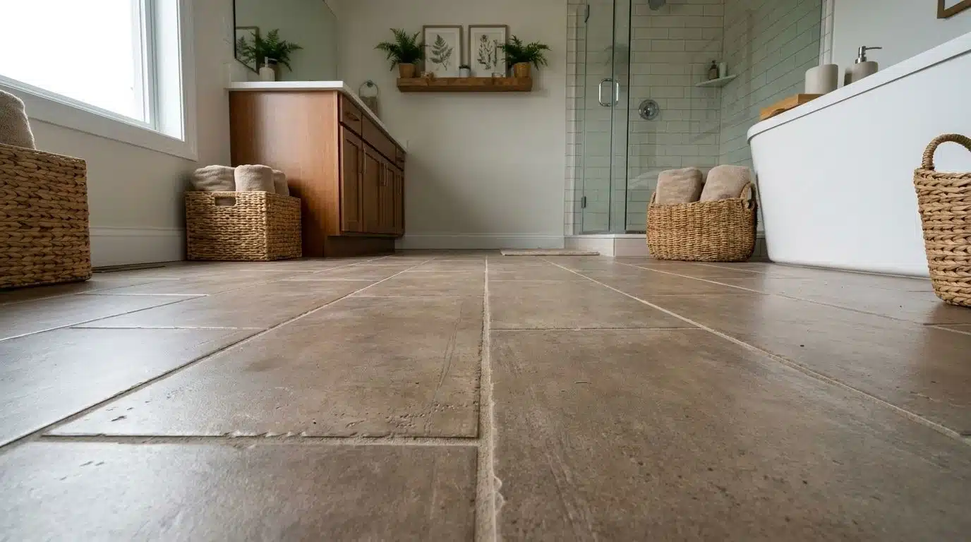 Textured sanded grout lines between wide bathroom floor tiles