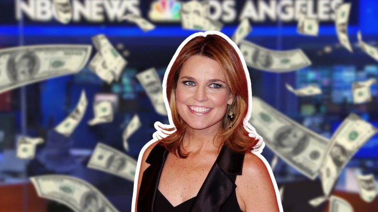 Savannah Guthrie in a black dress with money falling behind and a news studio background.