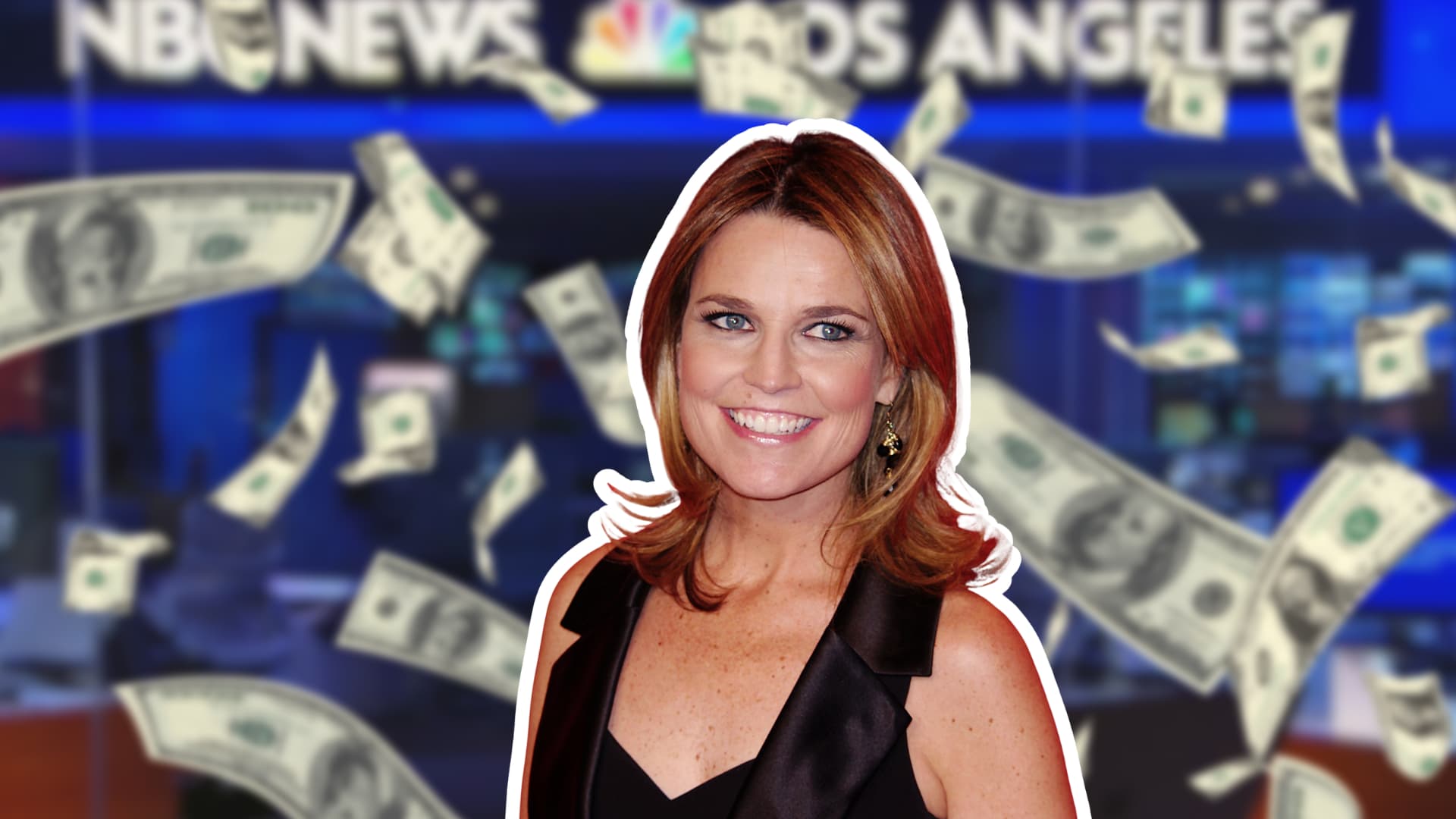 Savannah Guthrie in a black dress with money falling behind and a news studio background.