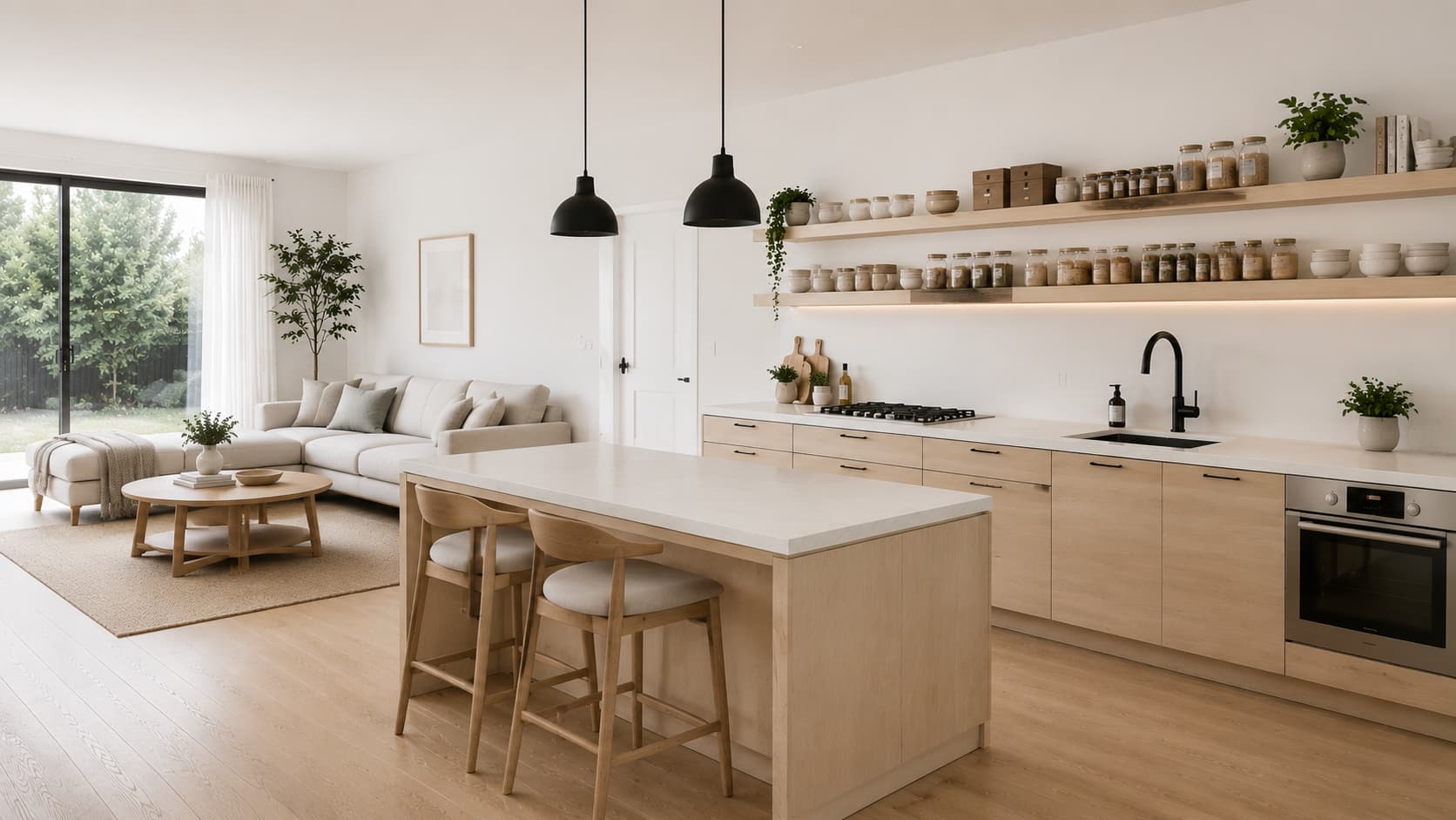 scandanavian open kitchen with slim shelf above stove.