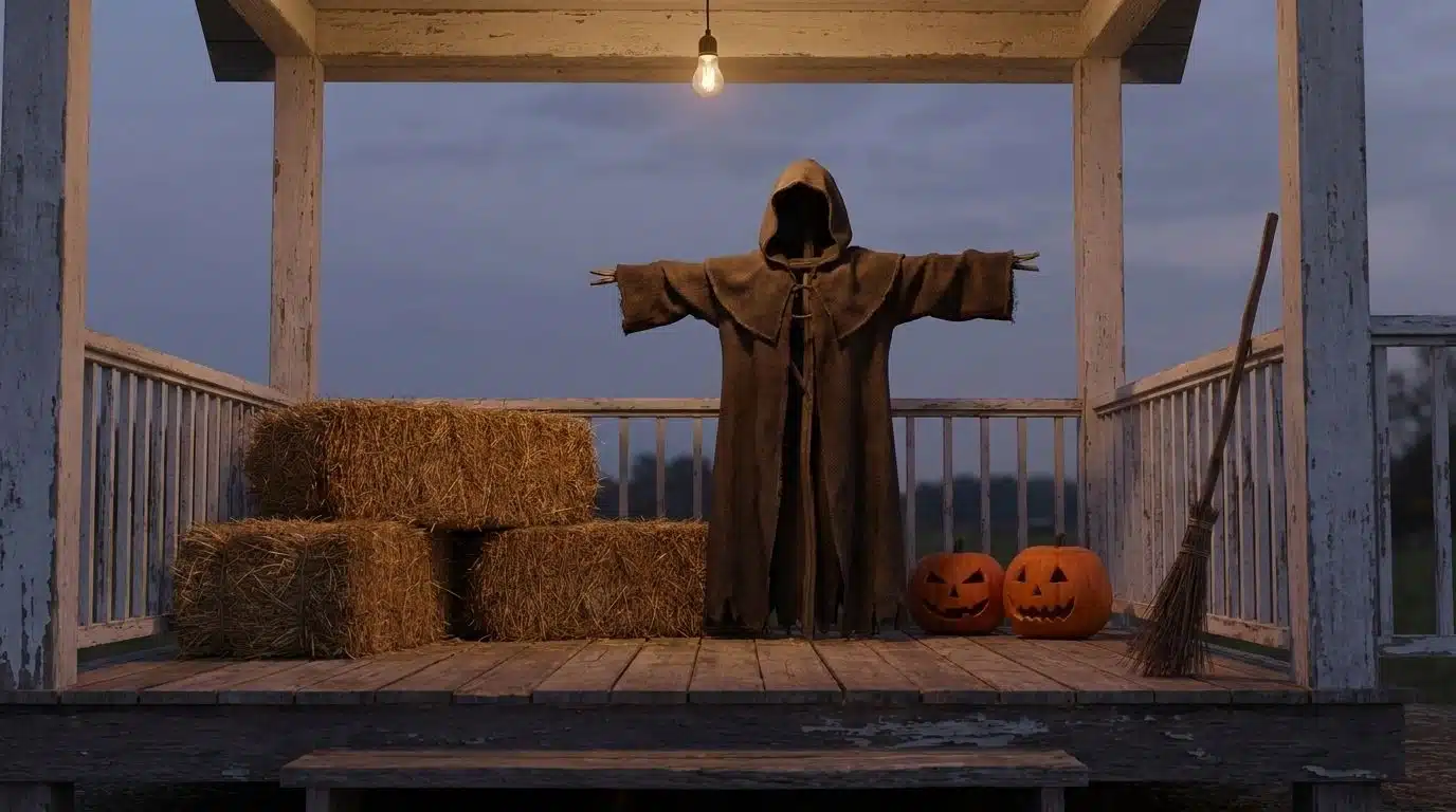 Reaper-style scarecrow on a porch with hay bales