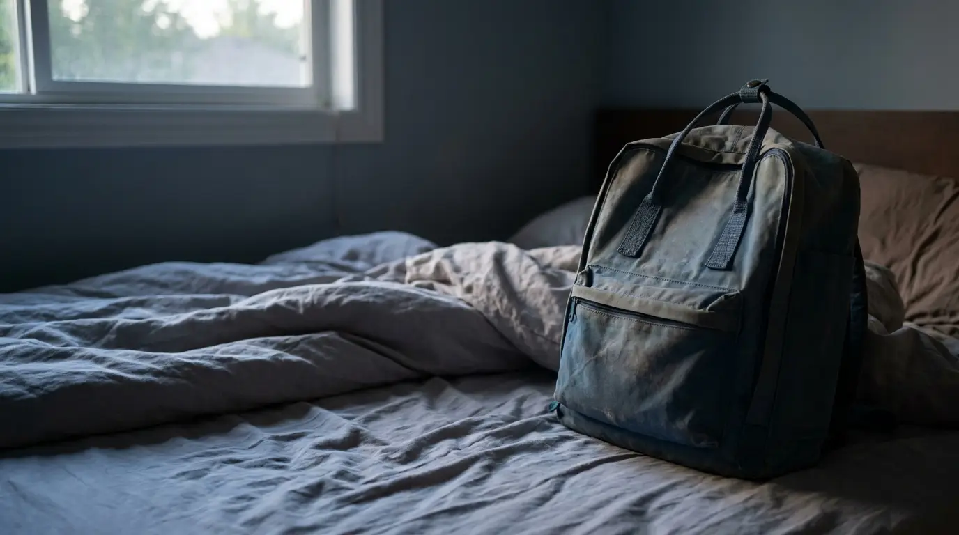 Dark blue backpack on unmade bed in dimly lit bedroom with window view