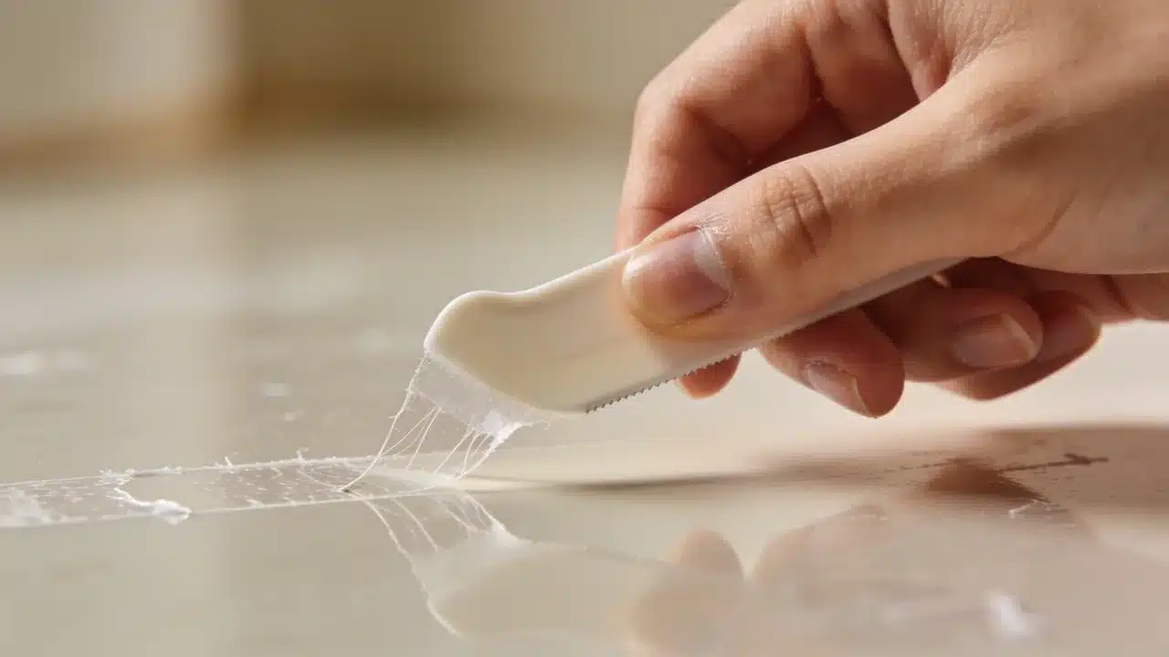 Plastic scraper gently lifting loose adhesive residue without damaging the surface