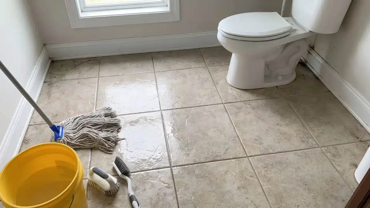 Bathroom floor tiles, grout lines, and baseboards scrubbed during deep cleaning.