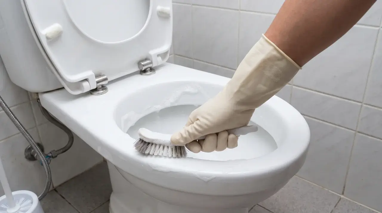Close-up of a hand scrubbing a toilet seat with a scrubbing brush.