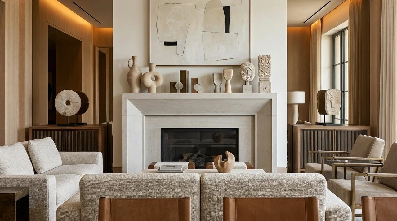 Modern fireplace mantel with sculptural decorative objects.