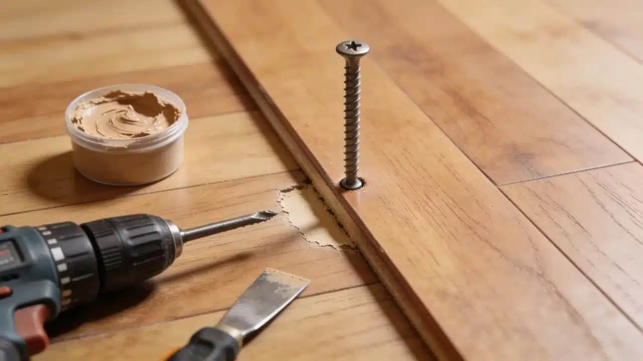 Securing loose hardwood floorboards with hidden fasteners