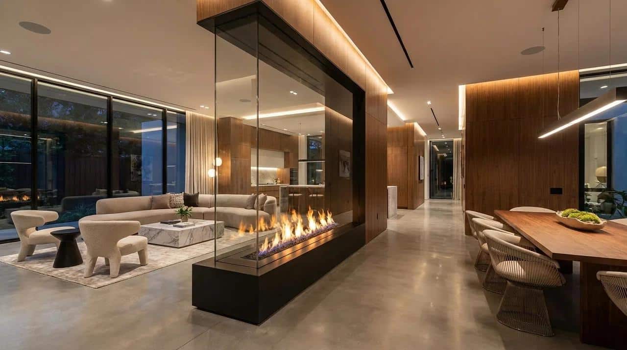 Double-sided glass fireplace wall separating modern living and dining spaces.