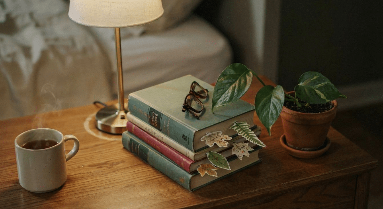 Seed paper leaf bookmarks tucked into books on a nightstand