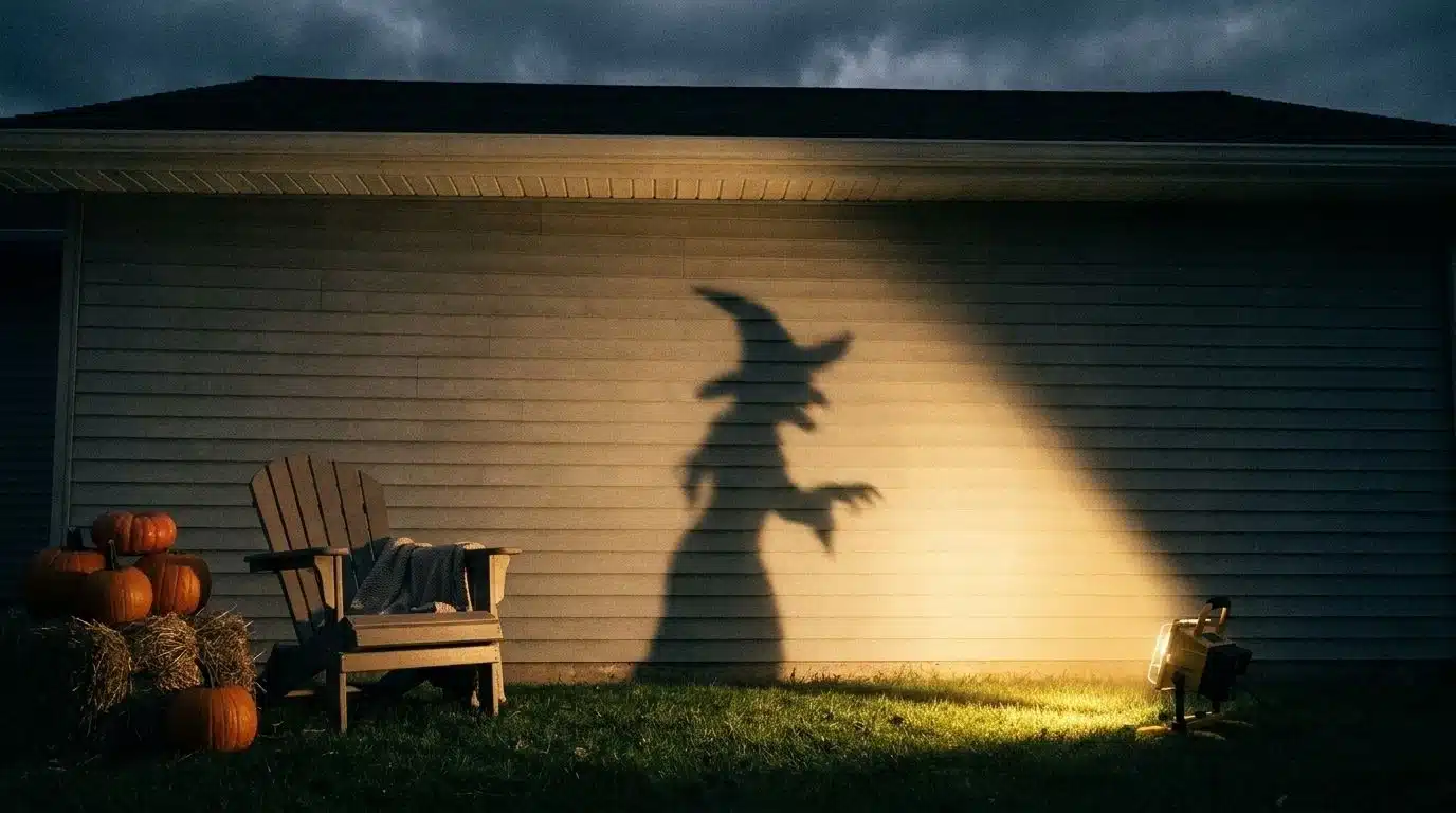 Witch shadow cast on a house wall at night