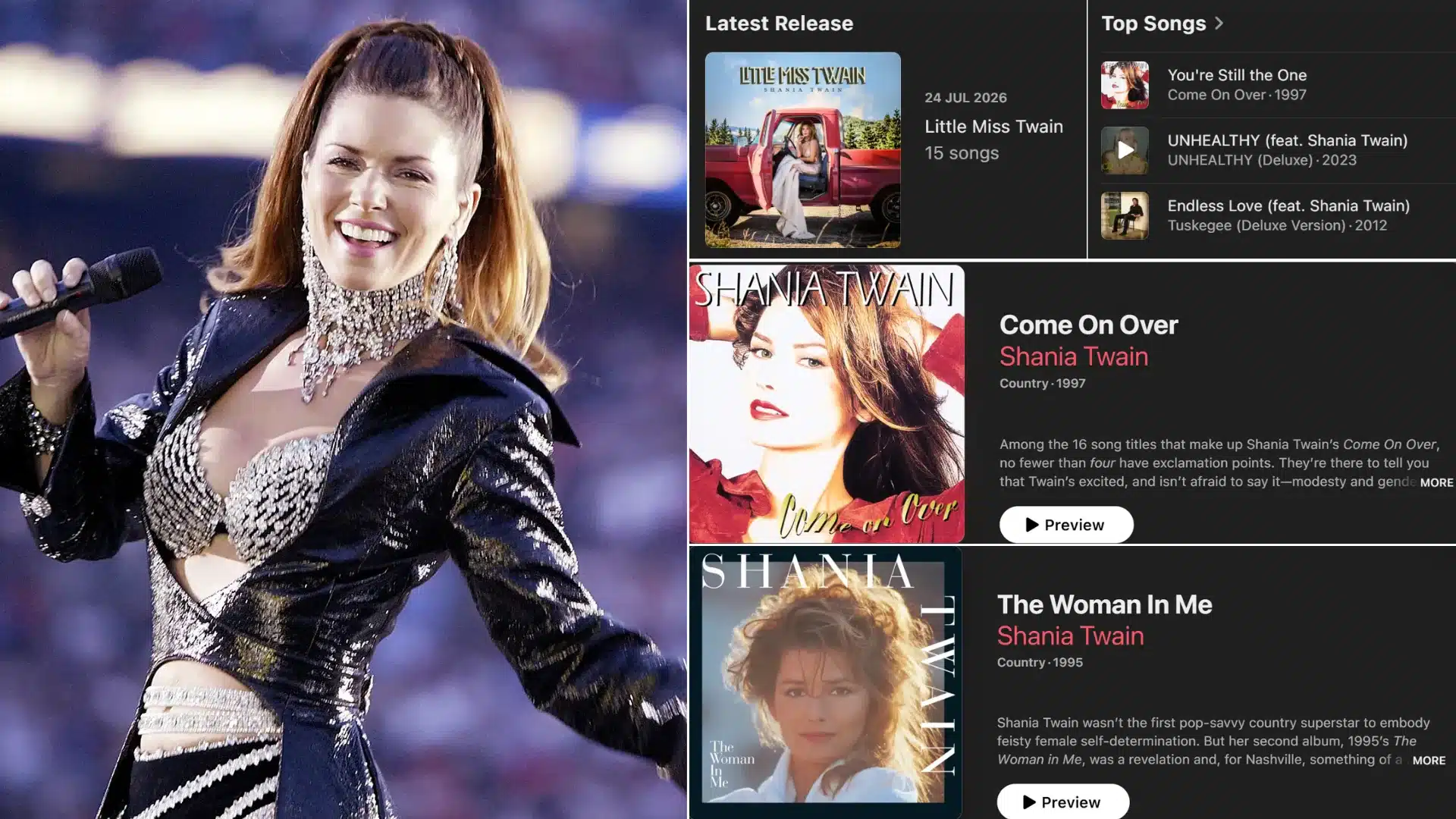 Shania Twain album collection representing music sales, streaming royalties, and career success