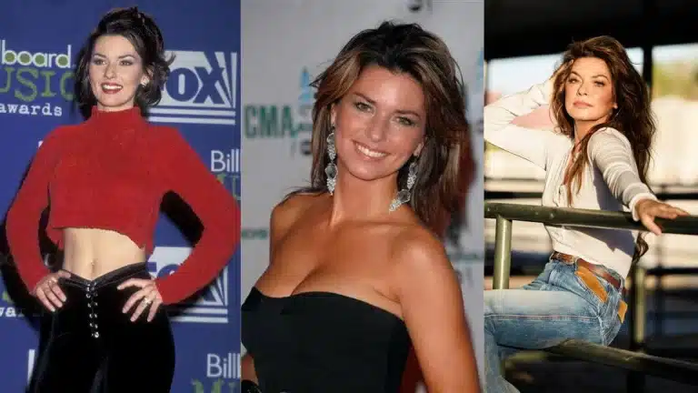 Three-panel image showing Shania Twain’s journey from her early career days to her present-day success as a music icon.