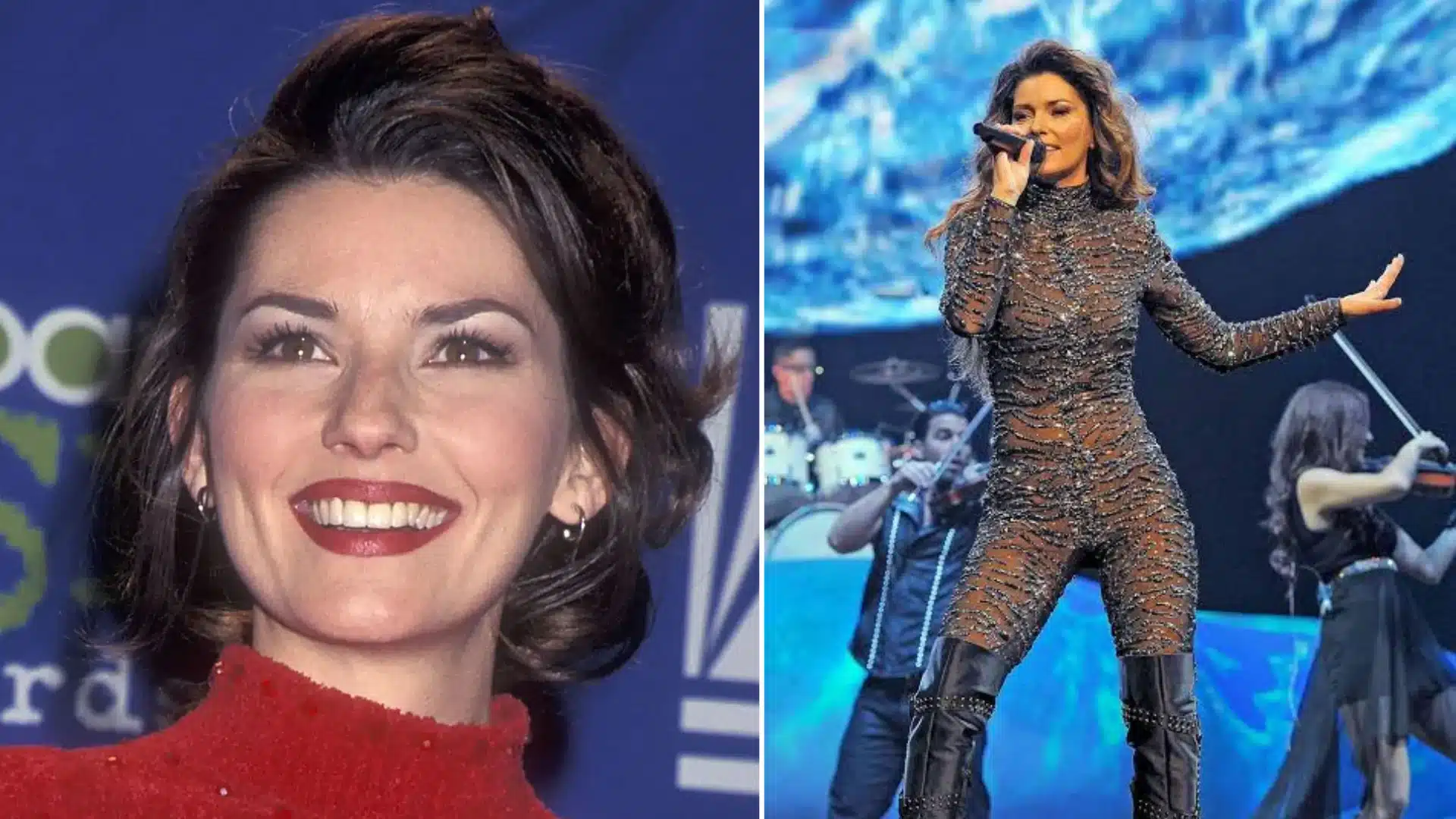 Shania Twain's two panel image in which one of her award function look and one her singing in her concert.