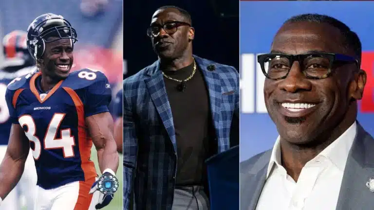 Three-panel image showing Shannon Sharpe’s NFL career, media success, and wealth journey.