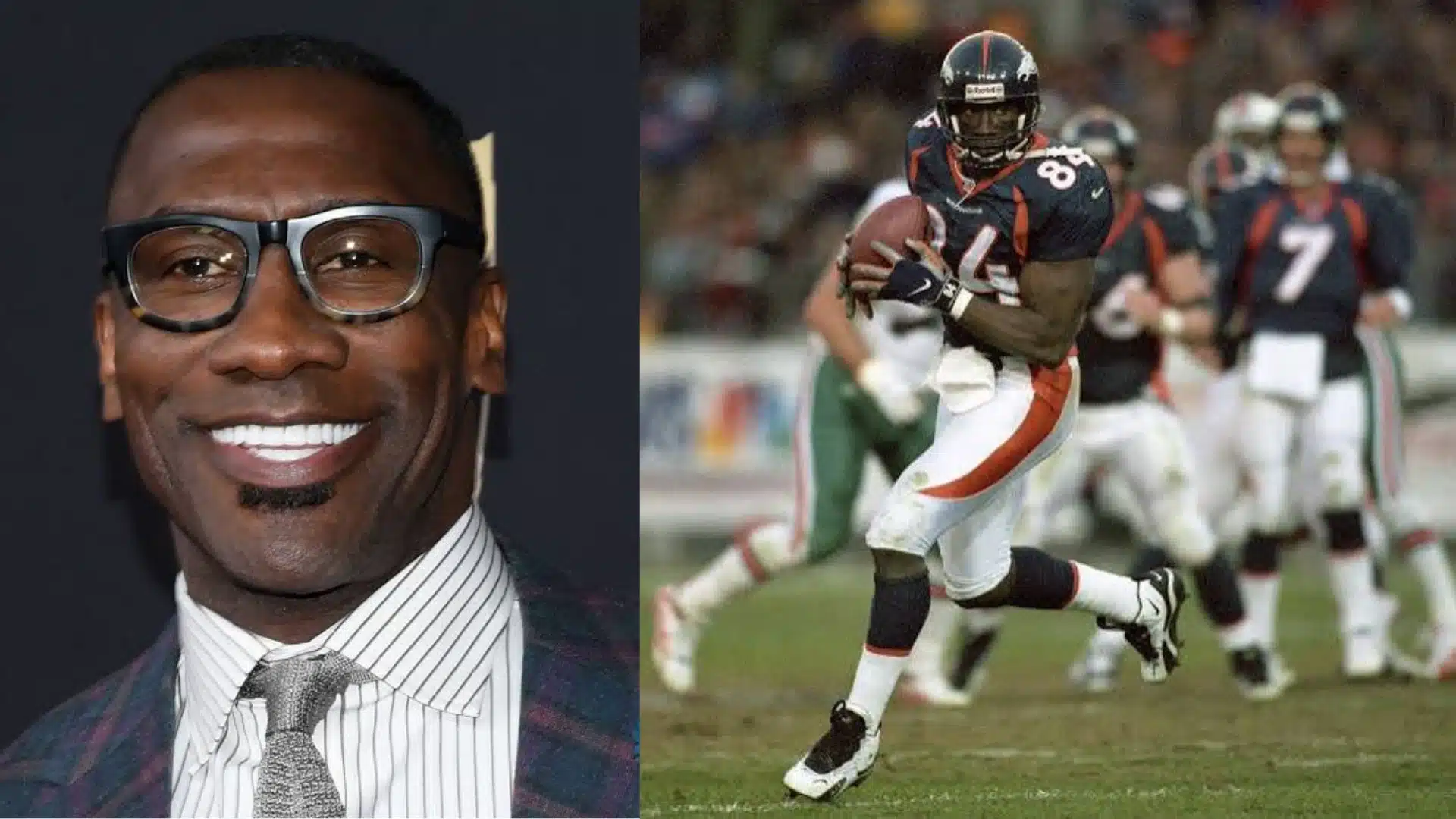 Shannon Sharpe playing as an NFL tight end on the football field during his professional career.