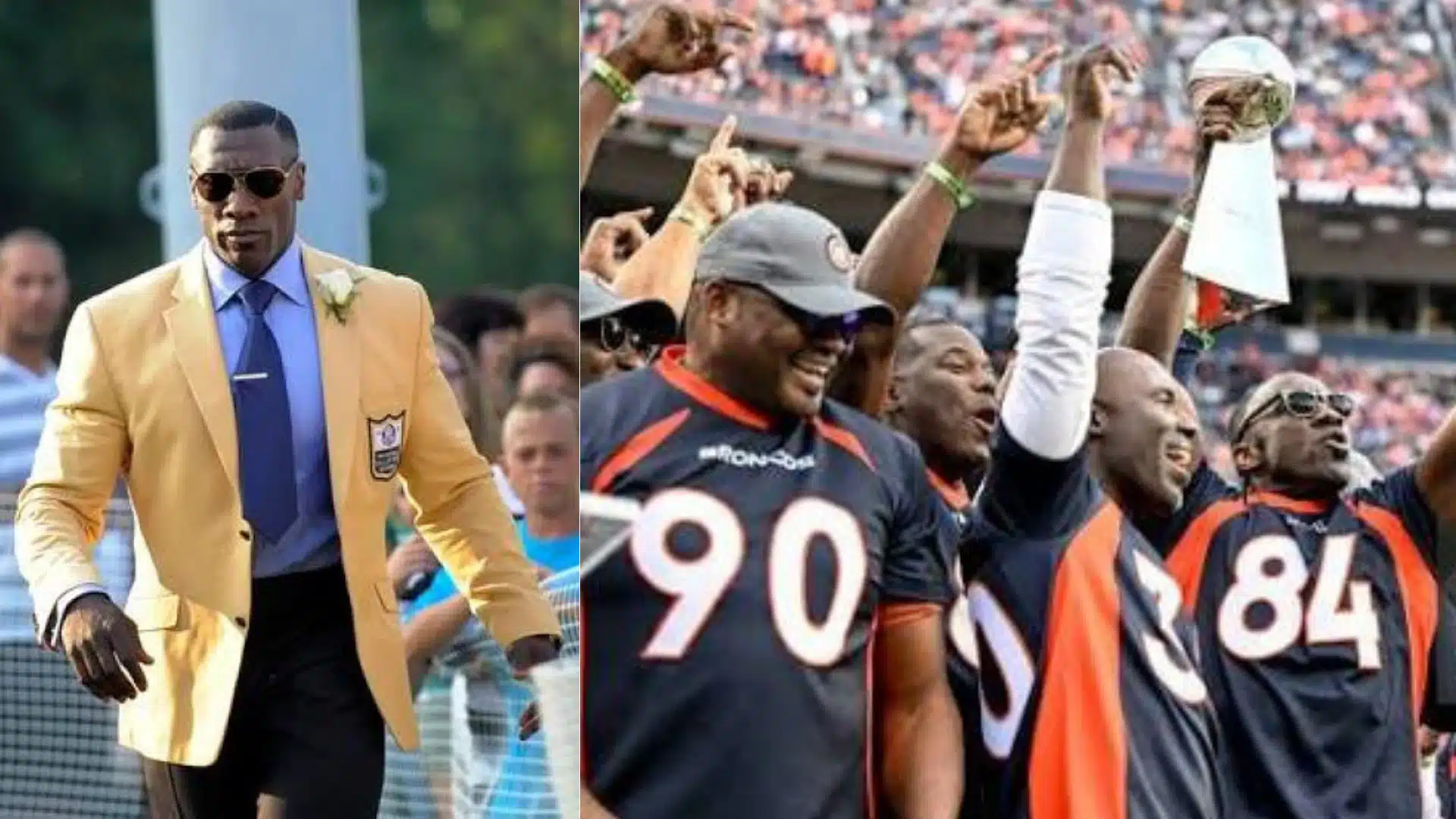 Shannon Sharpe standing with NFL teammates and fellow football stars during his playing career.
