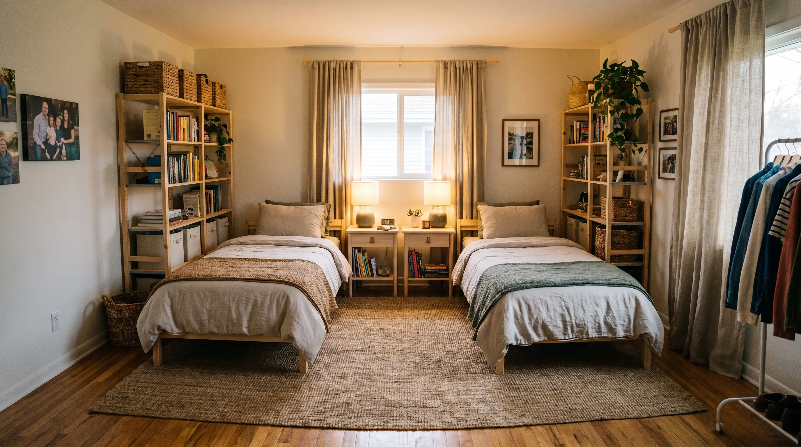 Shared bedroom layout with two beds and organized personal storage zones