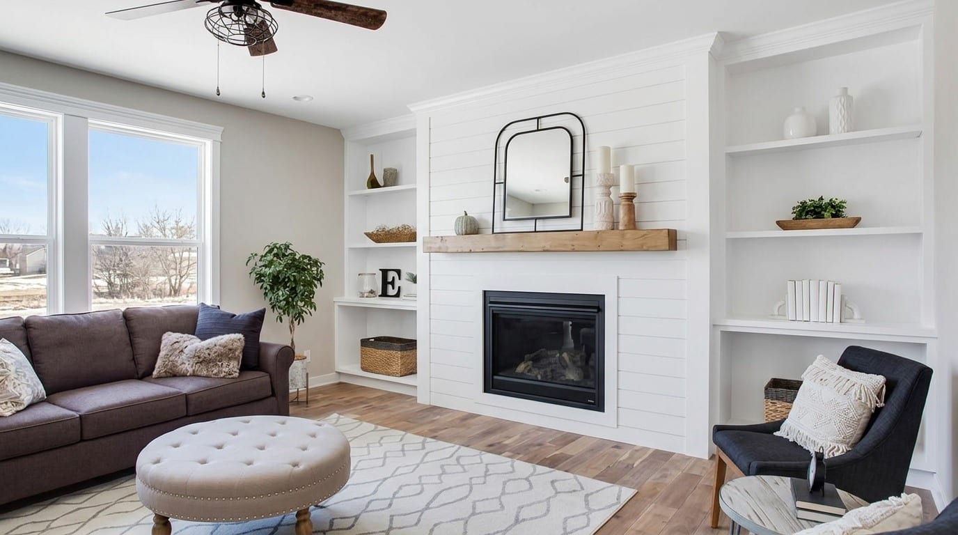 White shiplap fireplace wall with a farmhouse mantel and modern living room decor.