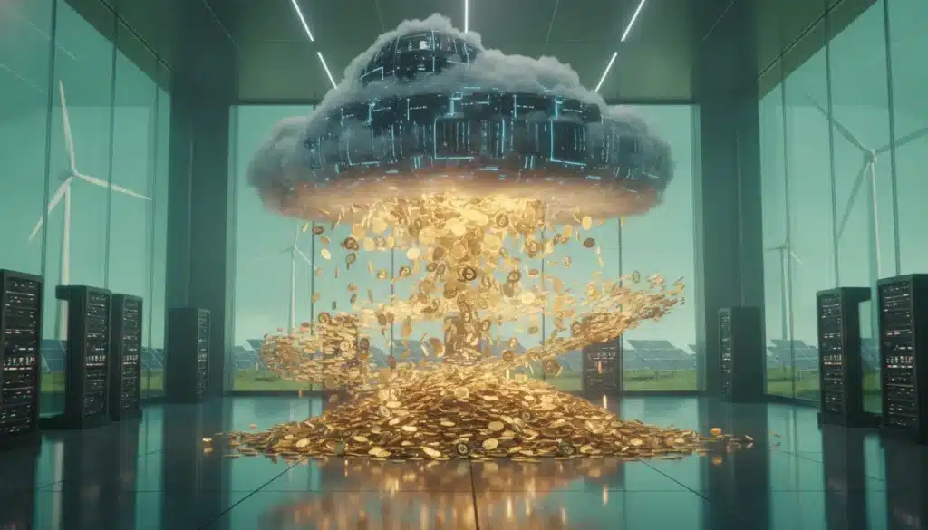 Cloud-shaped digital structure emitting bitcoins in futuristic server room with wind turbines outside