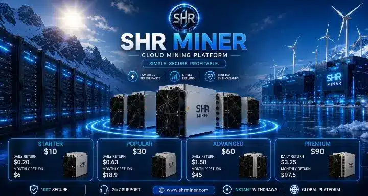 Mining equipment in futuristic server room with mountains and wind turbines in the background