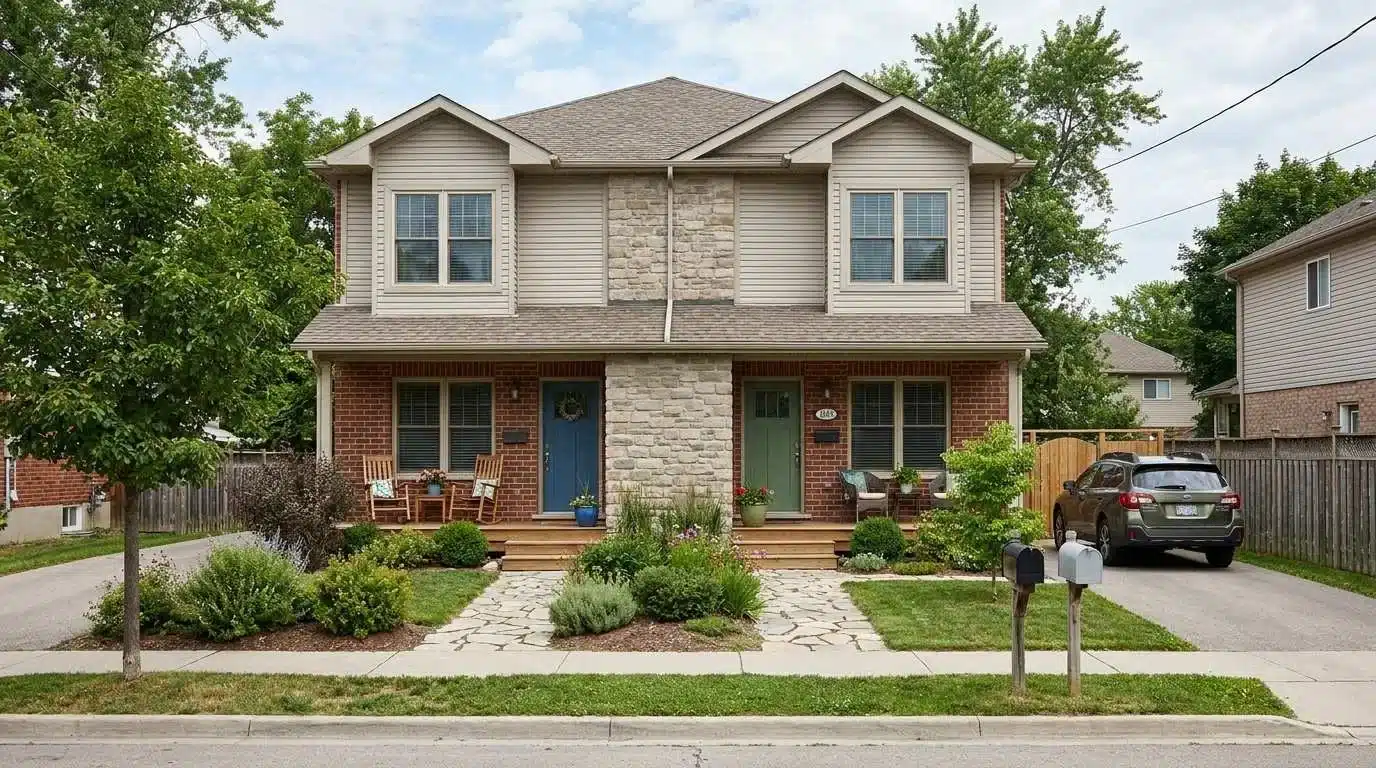 Side-by-side duplex with two homes sharing one wall and separate entrances.