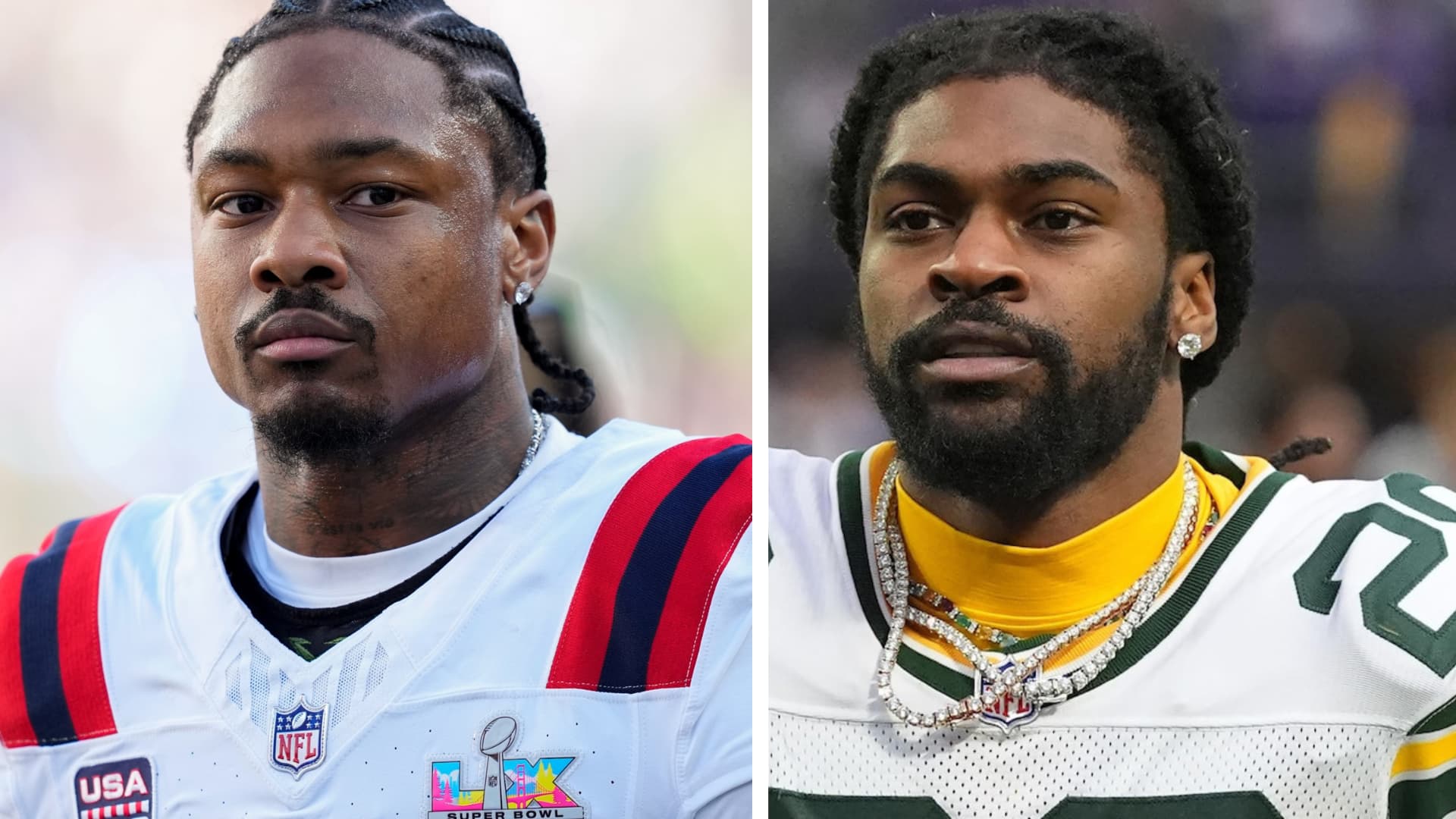 Side-by-side portrait comparison of NFL receivers Stefon Diggs in his team jersey and Trevon Diggs.