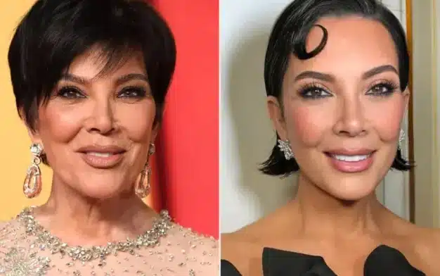 Side-by-side portraits of Kris Jenner wearing elegant black and embellished outfits at two different appearances.