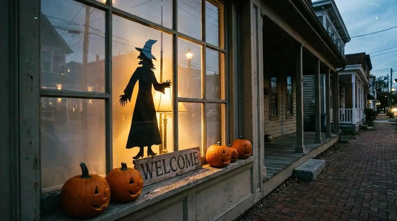 Witch silhouette taped inside a front window