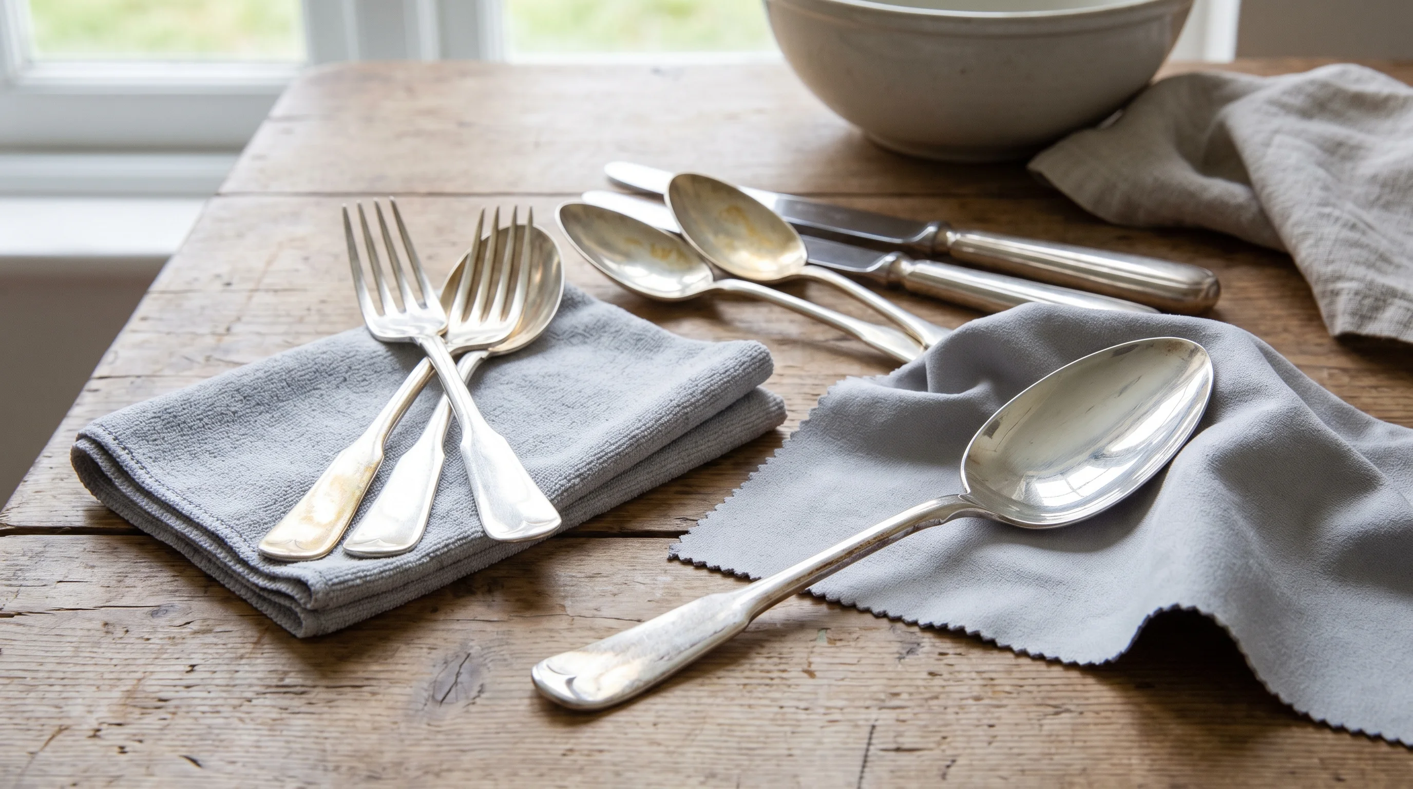 Silver cleaning cloth wiping light tarnish from silverware for regular maintenance