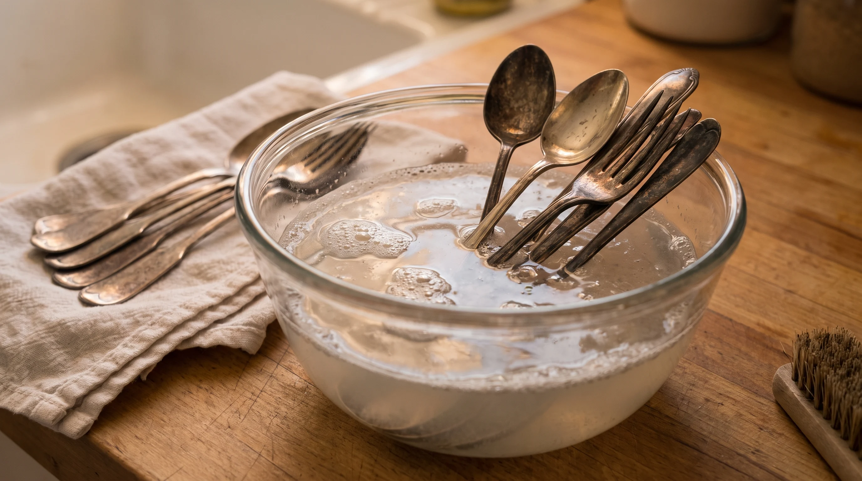 Silverware soaking in silver dip solution to remove stubborn tarnish quickly