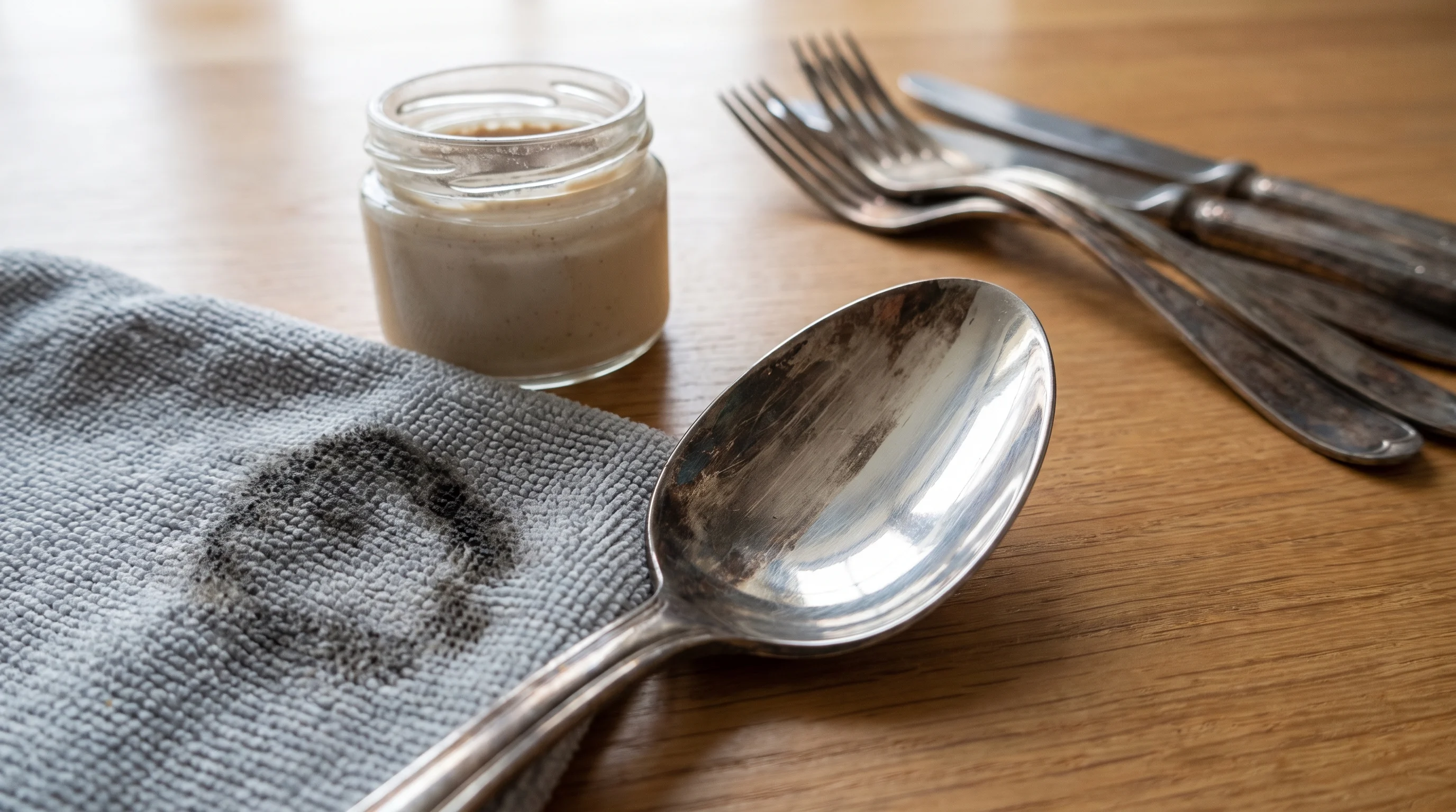 Silver polish being applied to heavily tarnished silverware to restore shine