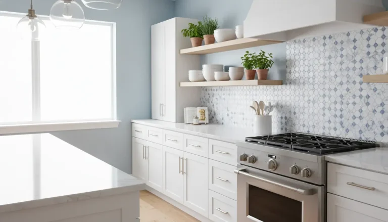 Modern kitchen with stainless steel stove, white cabinetry, open shelves, and potted herbs on counter