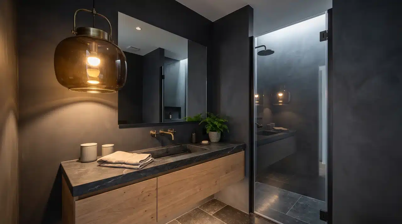 single oversized pendant light instead of many lights in dark bathroom