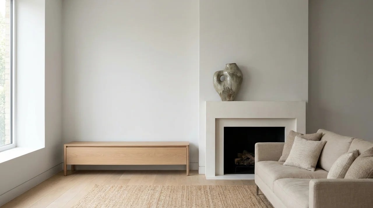 Minimalist fireplace mantel with one statement decor piece.