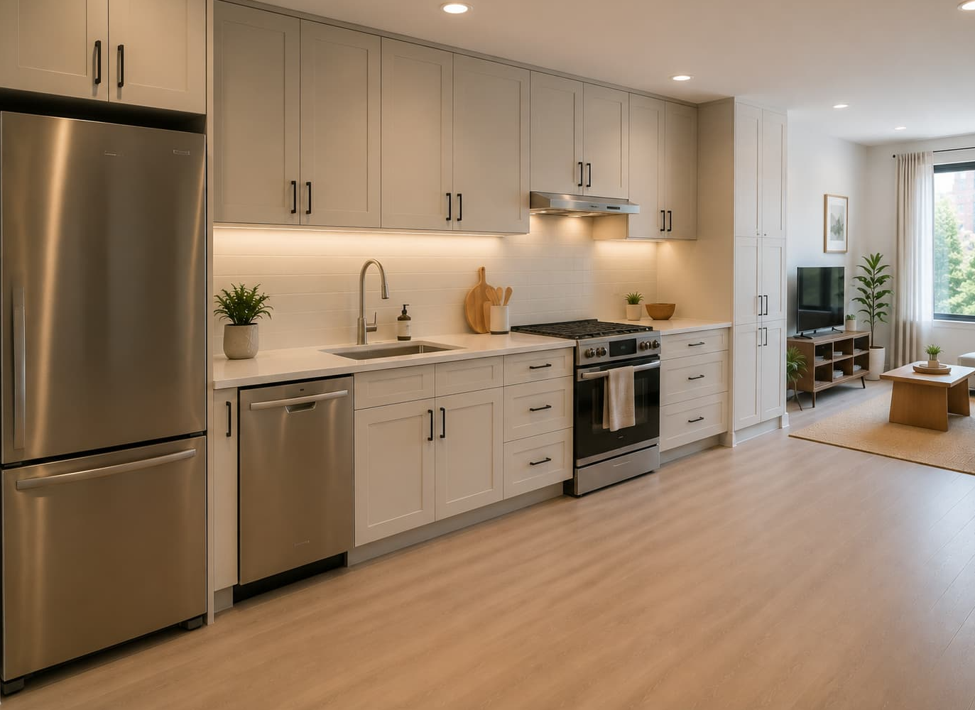 Single-wall white kitchen with integrated appliances opening into a compact living space.
