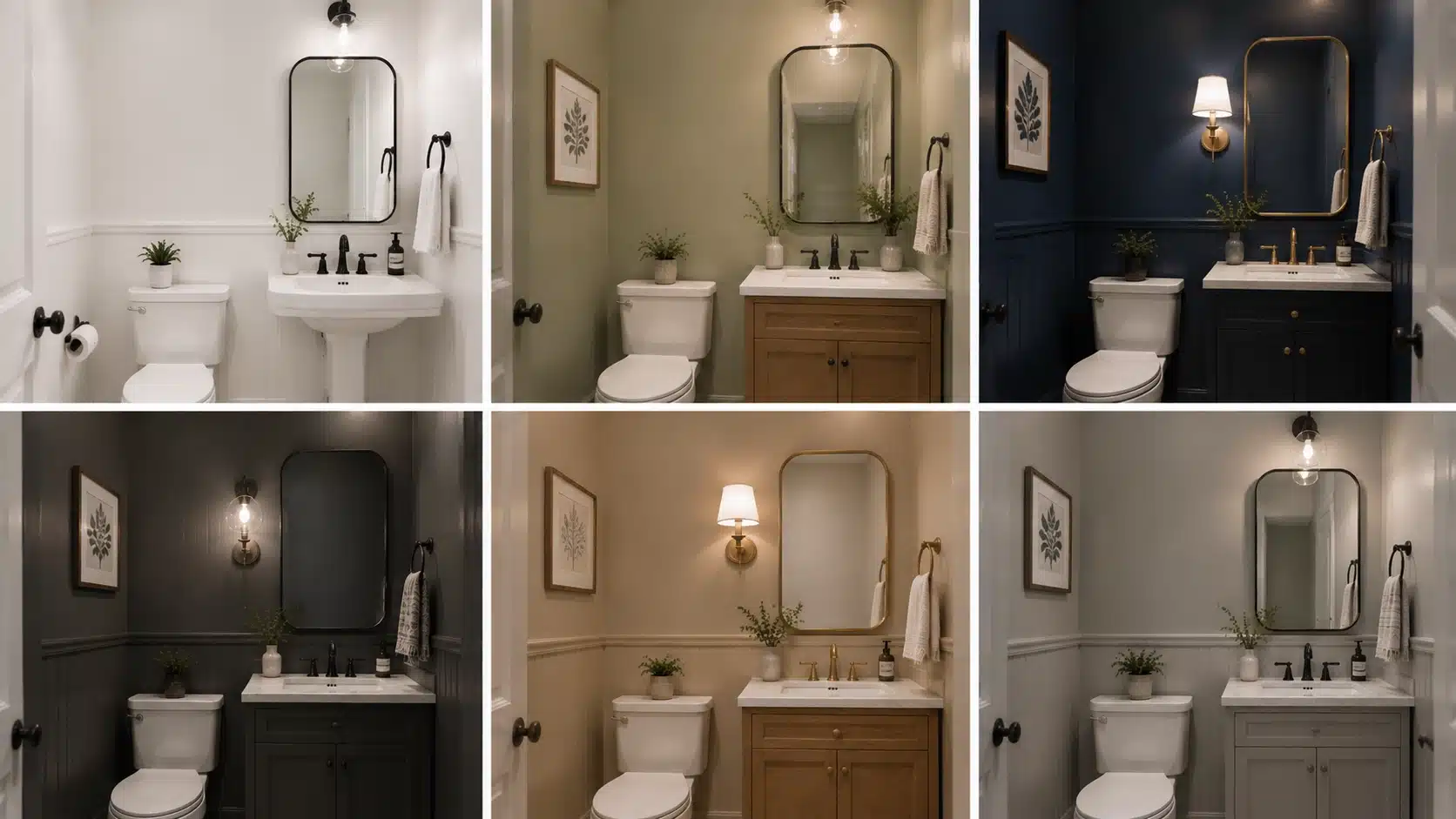 Six half bathroom designs featuring white, sage green, navy blue, charcoal, beige, and soft gray paint colors with stylish decor and fixtures.