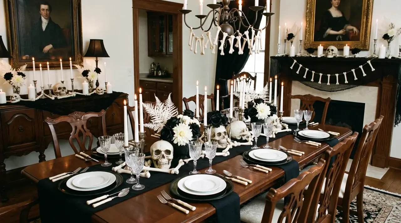 Black and white skeleton ball Halloween party table with skull centerpiece and bone garland for a monochrome Halloween theme.