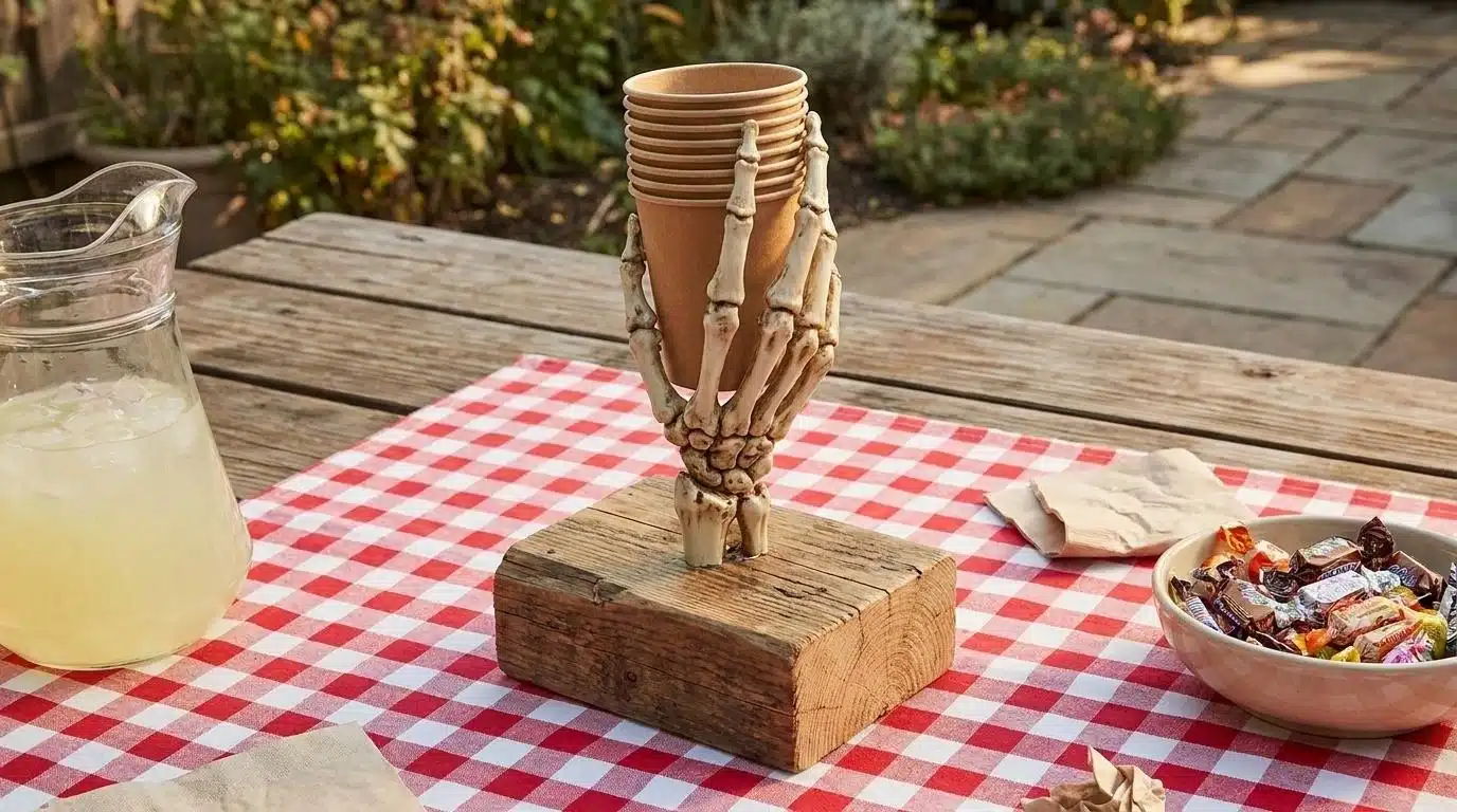Skeleton hand holding cups on a patio table