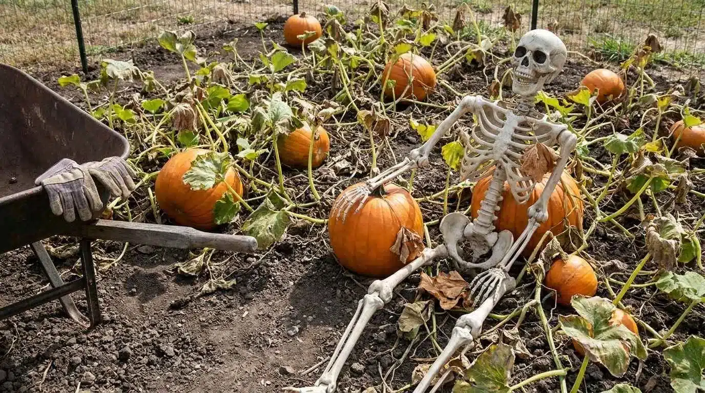 Plastic skeleton posed in a pumpkin patch