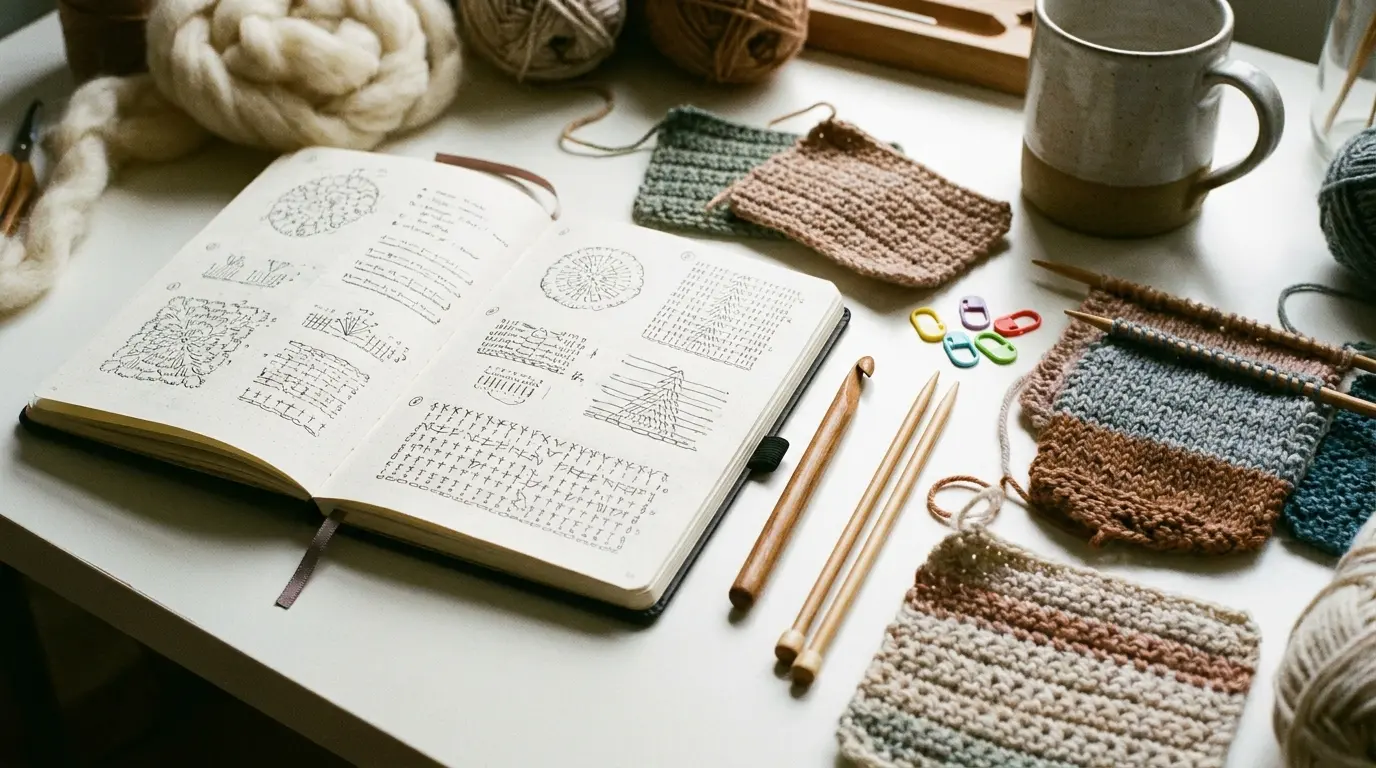 Knitting and crochet practice swatches, wooden needles, crochet hook, stitch markers, yarn balls, and an open pattern notebook on a craft table.
