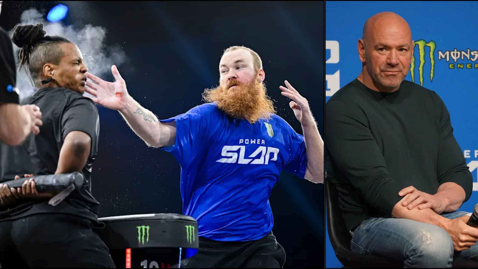 Slap fighting match shown beside Dana White seated at a Power Slap media event.