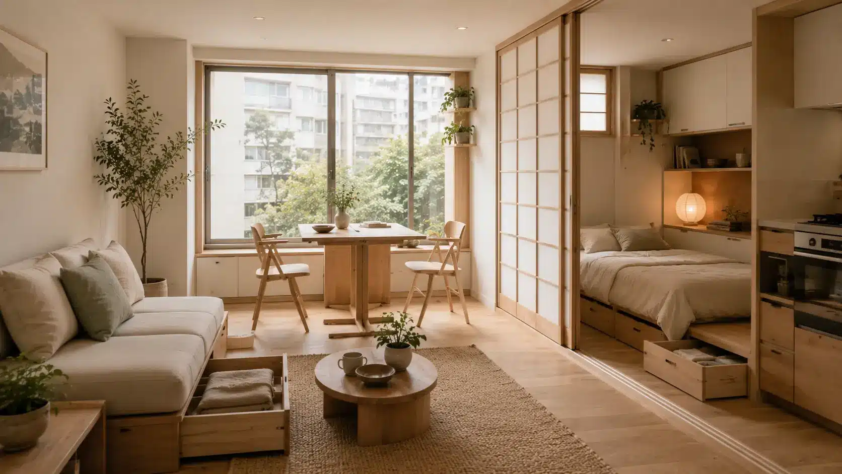 Small Japandi apartment with multifunctional furniture, shoji divider, built-in storage, cozy bedroom, and minimalist decor.