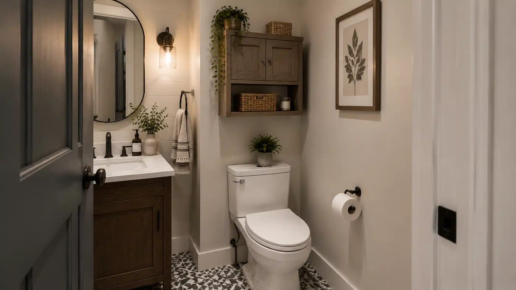 Small bathroom with compact cabinet above the toilet holding baskets, toiletries, and decorative storage items.