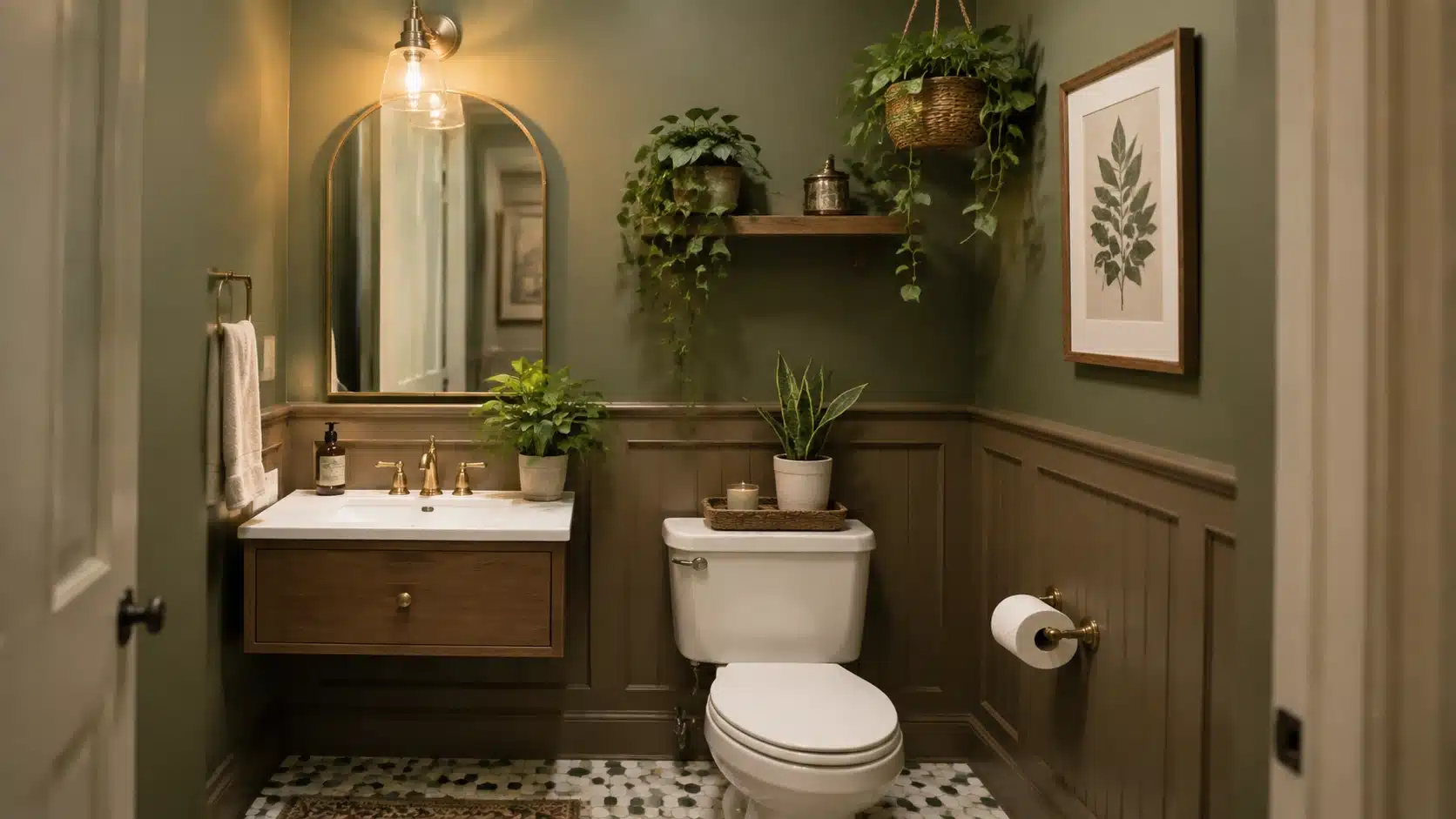 Small bathroom with green plants placed near the vanity adding a fresh natural touch to the space.